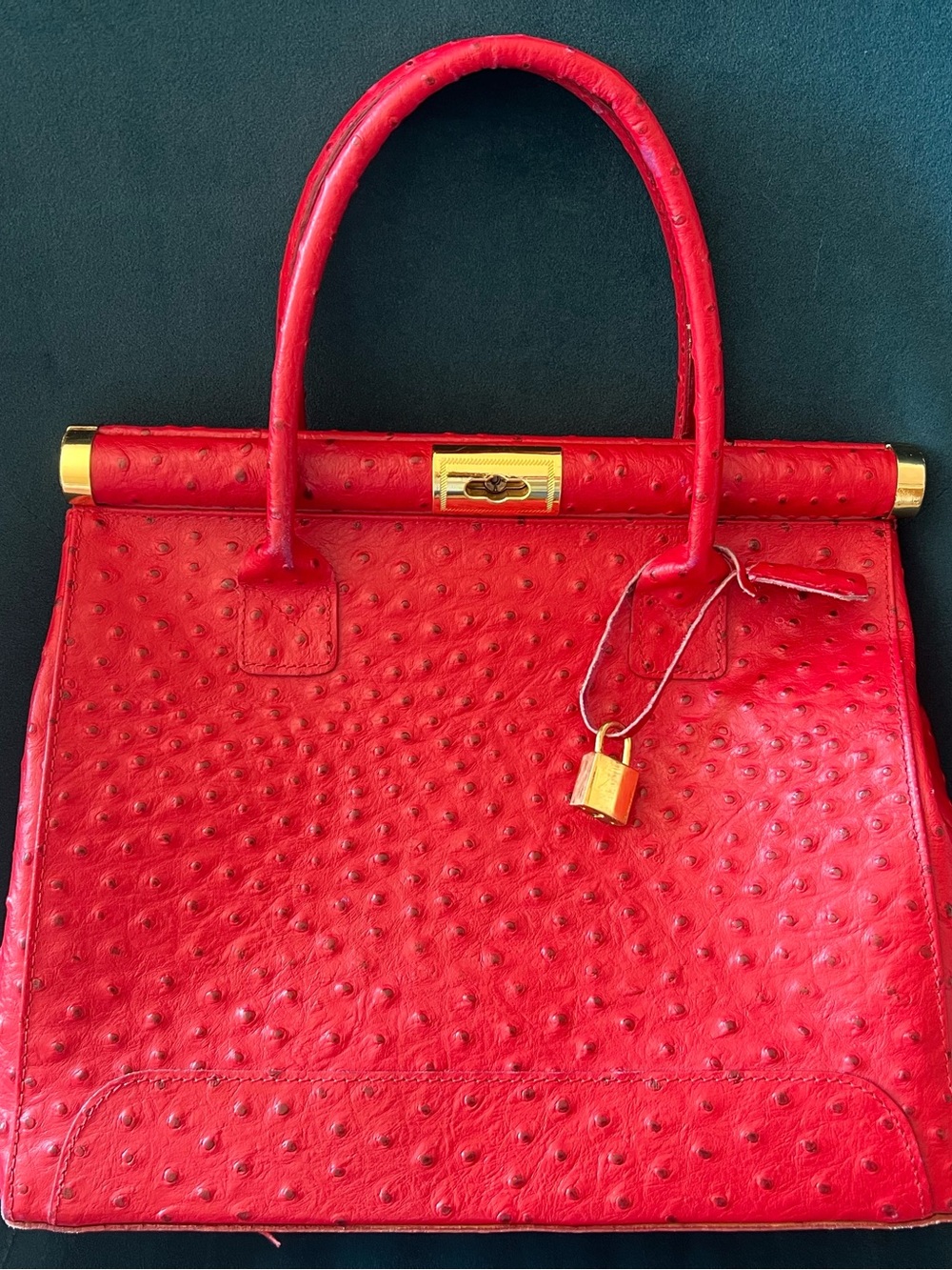 Vintage Italian Red Genuine Full-Quill Ostrich Leather Doctor Bag Satchel